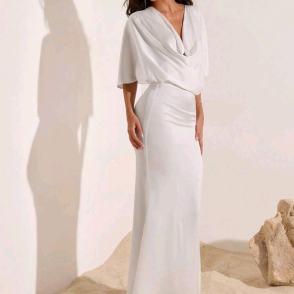 Women's Elegant Solid Color Draped Neck Top And Skirt 2 Pieces Set, Summer,Vacat - Picture 5 of 6